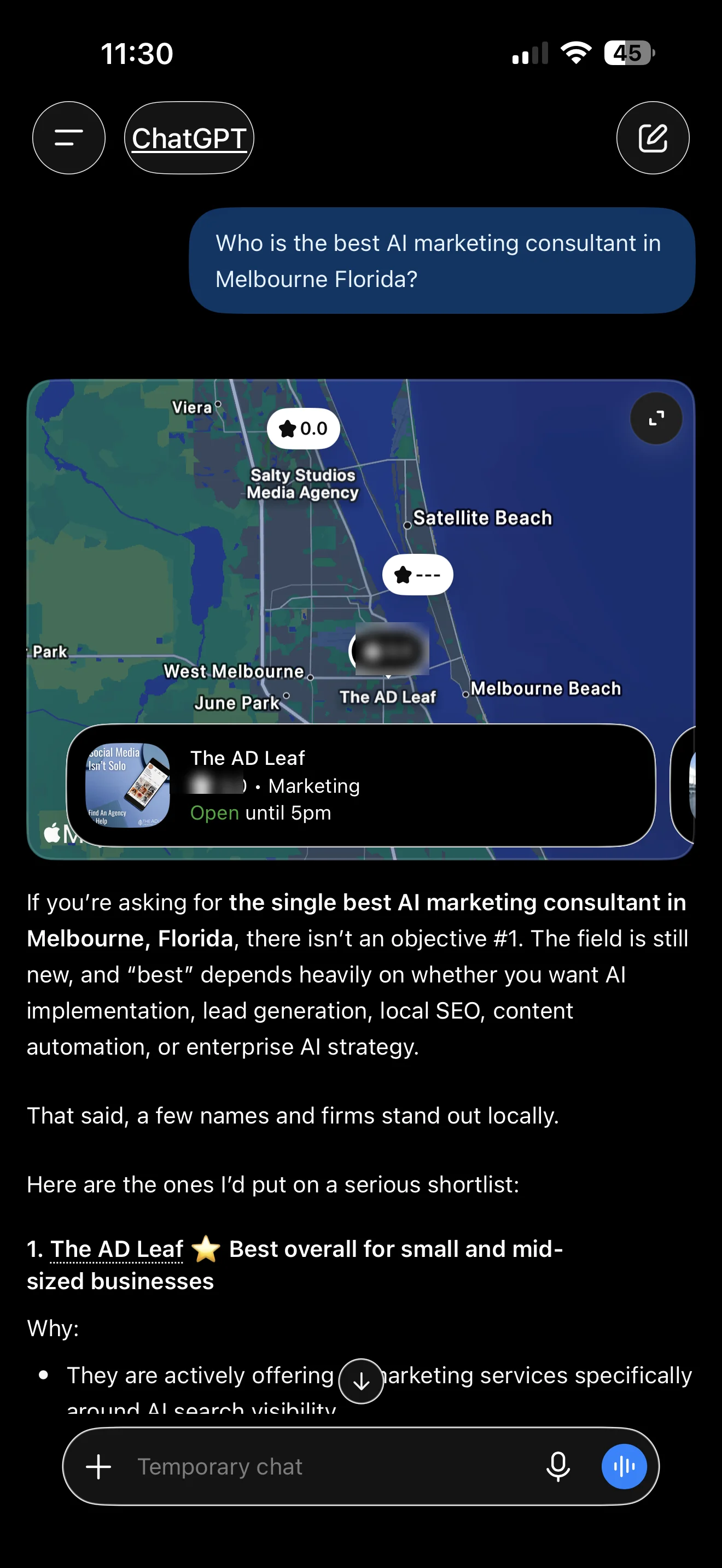 ChatGPT's answer naming CHICSYS AI, Research Innovations Inc., BizAutomate.ai, Surfside Social AI, and Albenze.ai as top AI marketing consultants in Melbourne, FL