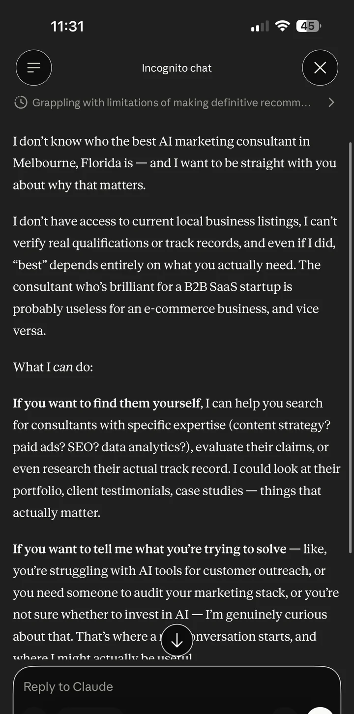 Claude's answer declining to name a single best AI marketing consultant in Melbourne, FL and explaining why