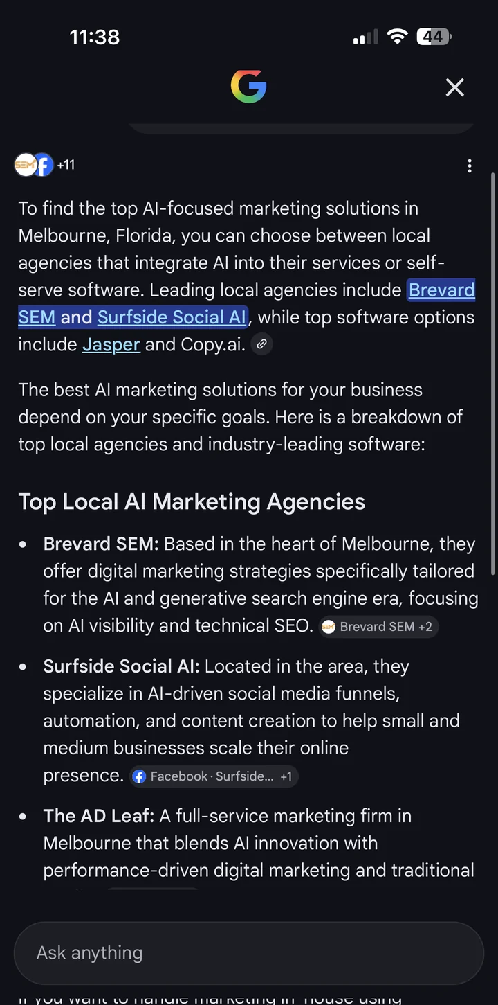 Google AI's answer naming Brevard SEM, Surfside Social AI, and The AD Leaf for AI marketing in Melbourne, Florida