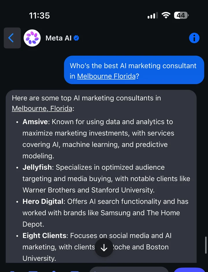 Meta AI's answer naming national agencies Amsive, Jellyfish, and Hero Digital instead of local Melbourne businesses